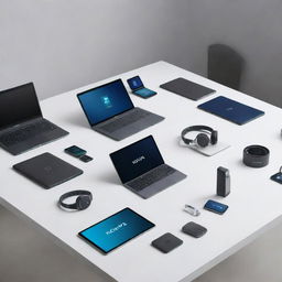 A collection of Nova branded electronics including sleek smartphones, ultra-thin laptops, state-of-the-art headphones, and innovative smartwatches, all displayed on a modern, clean table.