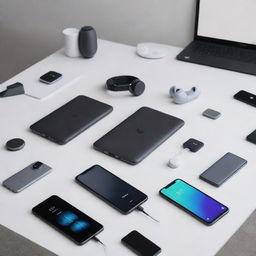 A collection of Nova branded electronics including sleek smartphones, ultra-thin laptops, state-of-the-art headphones, and innovative smartwatches, all displayed on a modern, clean table.