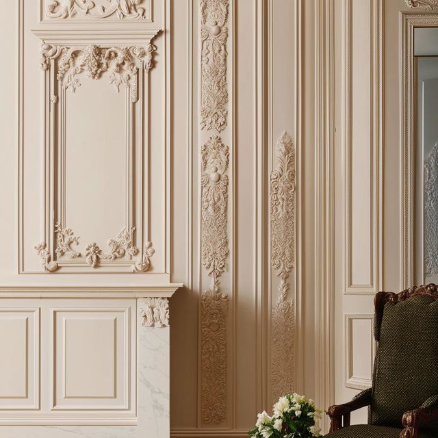 Elegant interior design blending traditional elements with contemporary flair, ornate moldings with minimalist furniture