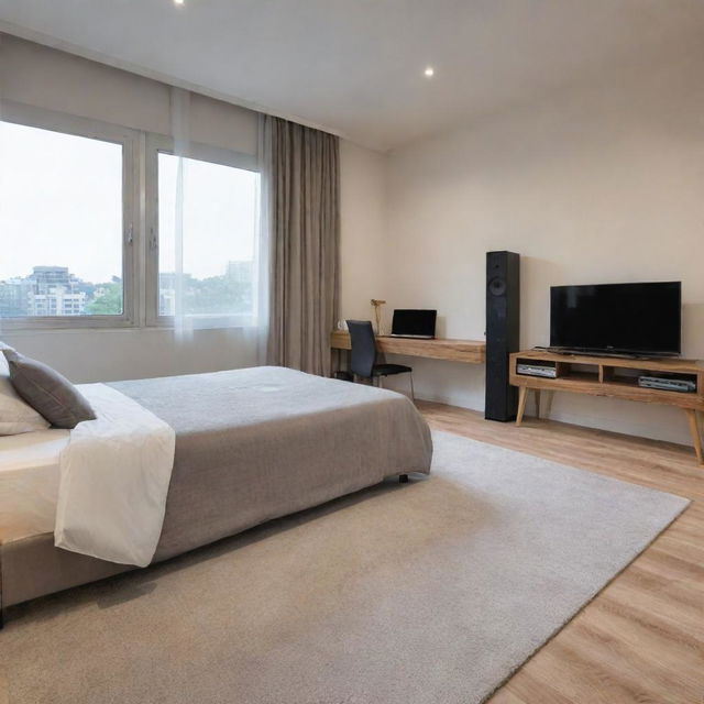 Spacious apartment room featuring a neatly arranged bedroom area and a fully-equipped music studio setup. Incorporate a balanced blend of homely comfort with professional musical equipment.