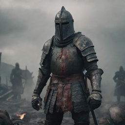 A character from Elden Ring, a weary knight in a blood-streaked iron helmet, standing amidst a chaotic battlefield