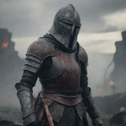 A character from Elden Ring, a weary knight in a blood-streaked iron helmet, standing amidst a chaotic battlefield