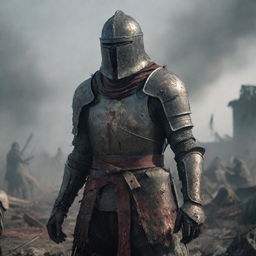 A character from Elden Ring, a weary knight in a blood-streaked iron helmet, standing amidst a chaotic battlefield