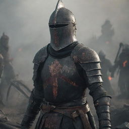 A character from Elden Ring, a weary knight in a blood-streaked iron helmet, standing amidst a chaotic battlefield