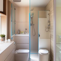 Compact modern bathroom, 5.4 square meters, featuring a shower, toilet seat, washing machine, sink, and partition between the shower and toilet.