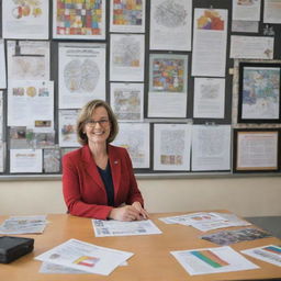 A professional-looking poster featuring a dedicated teacher in a classroom setting surrounded by educational materials and students' artworks.