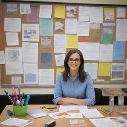 A professional-looking poster featuring a dedicated teacher in a classroom setting surrounded by educational materials and students' artworks.