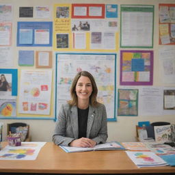 A professional-looking poster featuring a dedicated teacher in a classroom setting surrounded by educational materials and students' artworks.