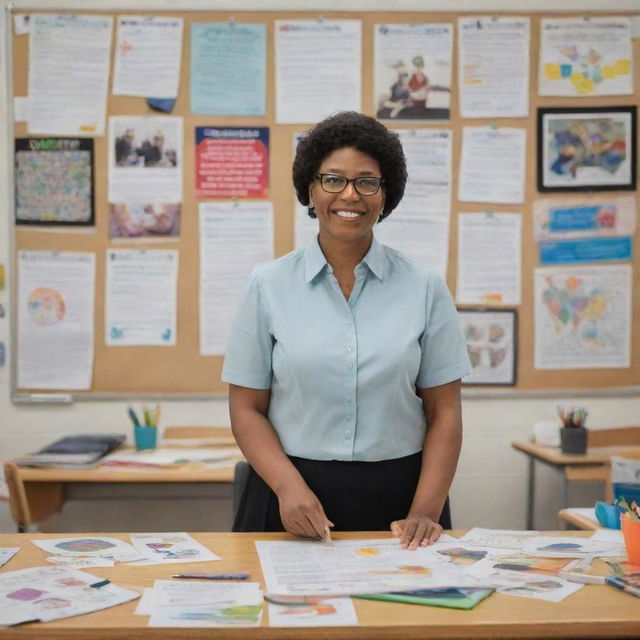 A professional-looking poster featuring a dedicated teacher in a classroom setting surrounded by educational materials and students' artworks.