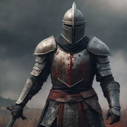 An Elden Ring knight in a blood-stained iron helmet, gripping a sword, standing resolute on an active battlefield