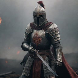 An Elden Ring knight in a blood-stained iron helmet, gripping a sword, standing resolute on an active battlefield