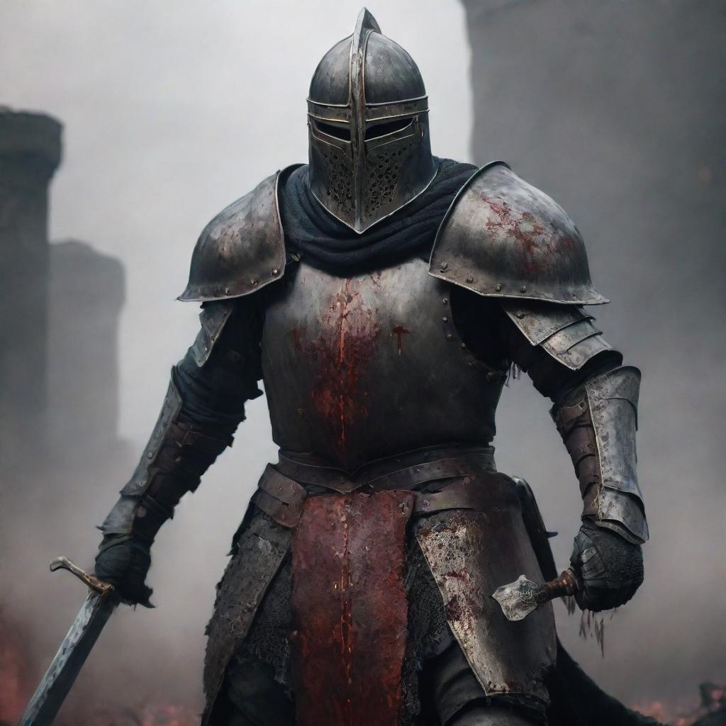 An Elden Ring knight in a blood-stained iron helmet, gripping a sword, standing resolute on an active battlefield