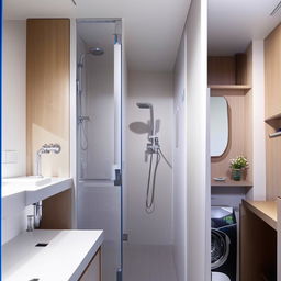 Compact modern bathroom, 5.4 square meters, featuring a shower, toilet seat, washing machine, sink, and partition between the shower and toilet.