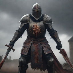 An Elden Ring knight in a blood-stained iron helmet, gripping a sword, standing resolute on an active battlefield