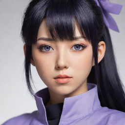 A detailed portrait of Hinata from Naruto, with her characteristic lavender eyes and dark hair, confident and wearing her traditional ninja outfit.