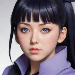 A detailed portrait of Hinata from Naruto, with her characteristic lavender eyes and dark hair, confident and wearing her traditional ninja outfit.