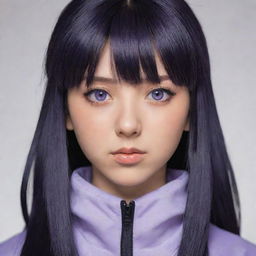 A detailed portrait of Hinata from Naruto, with her characteristic lavender eyes and dark hair, confident and wearing her traditional ninja outfit.