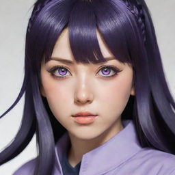 A detailed portrait of Hinata from Naruto, with her characteristic lavender eyes and dark hair, confident and wearing her traditional ninja outfit.