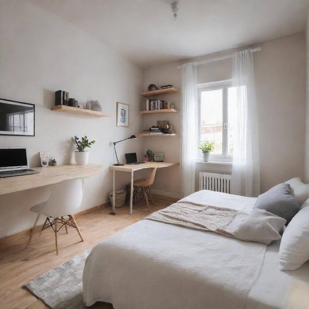 A cozy single-room apartment featuring a neatly arranged bedroom area next to a stylishly equipped home music studio.