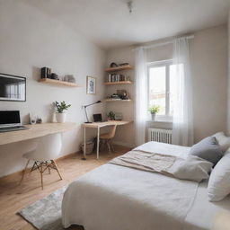 A cozy single-room apartment featuring a neatly arranged bedroom area next to a stylishly equipped home music studio.