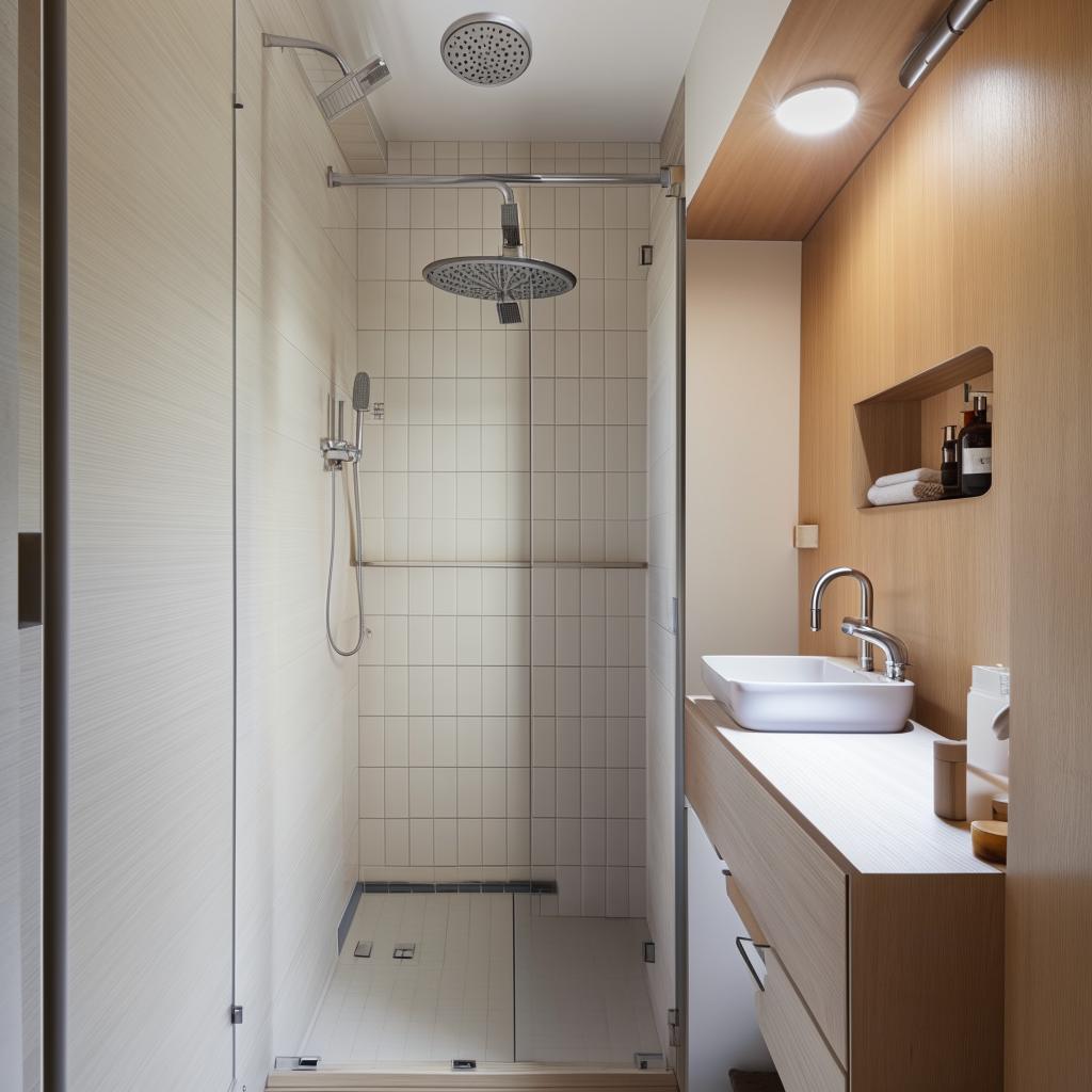 Compact modern bathroom, 5.4 square meters, featuring a shower, toilet seat, washing machine, sink, and partition between the shower and toilet.