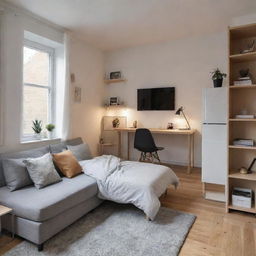 A cozy single-room apartment featuring a neatly arranged bedroom area next to a stylishly equipped home music studio.