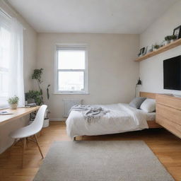 A cozy single-room apartment featuring a neatly arranged bedroom area next to a stylishly equipped home music studio.