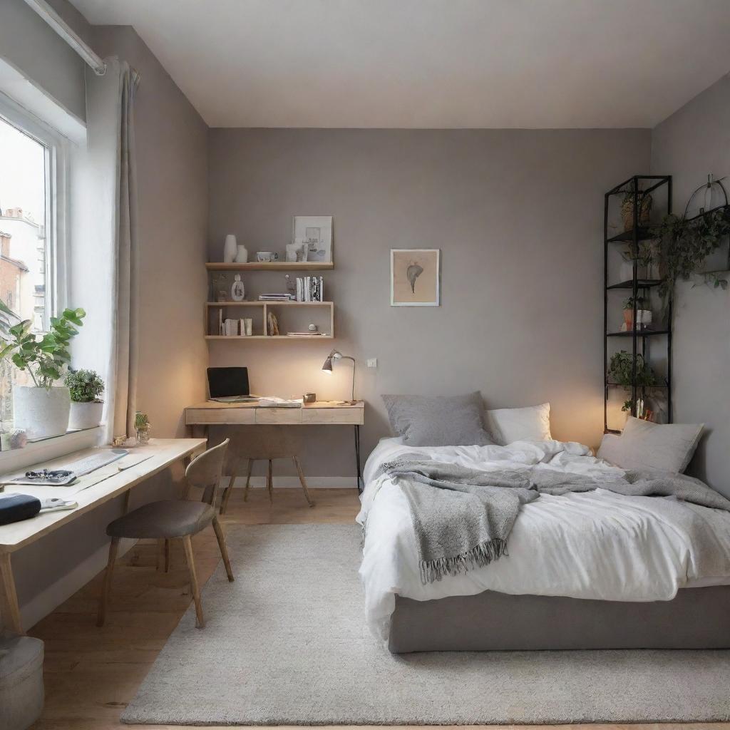 A cozy single-room apartment featuring a neatly arranged bedroom area next to a stylishly equipped home music studio.