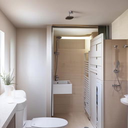 Compact modern bathroom, 5.4 square meters, featuring a shower, toilet seat, washing machine, sink, and partition between the shower and toilet.