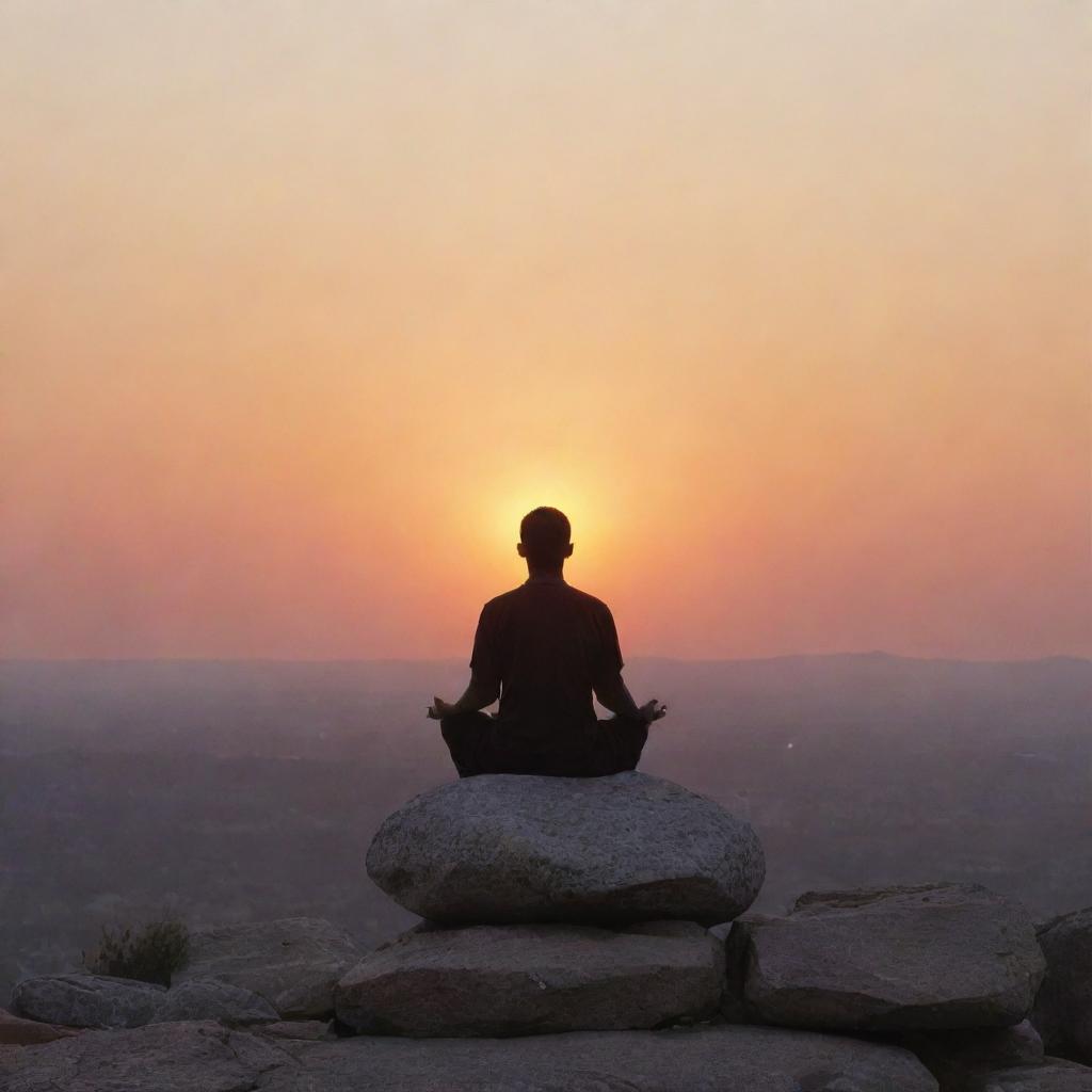 A person meditating on a stone against a horizon, bathed in the colors of a setting sun.