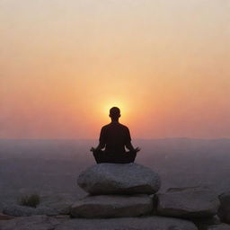 A person meditating on a stone against a horizon, bathed in the colors of a setting sun.