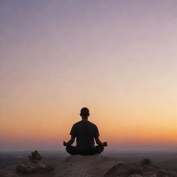 A person meditating on a stone against a horizon, bathed in the colors of a setting sun.