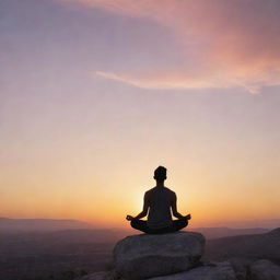 A person meditating on a stone against a horizon, bathed in the colors of a setting sun.