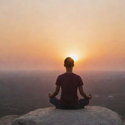 A person meditating on a stone against a horizon, bathed in the colors of a setting sun.