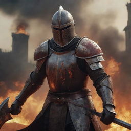 A resolute Elden Ring knight, in a blood-smeared iron helmet, gripping a sword, amidst a battlefield. Behind him, a city engulfed in raging flames.