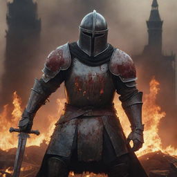 A resolute Elden Ring knight, in a blood-smeared iron helmet, gripping a sword, amidst a battlefield. Behind him, a city engulfed in raging flames.