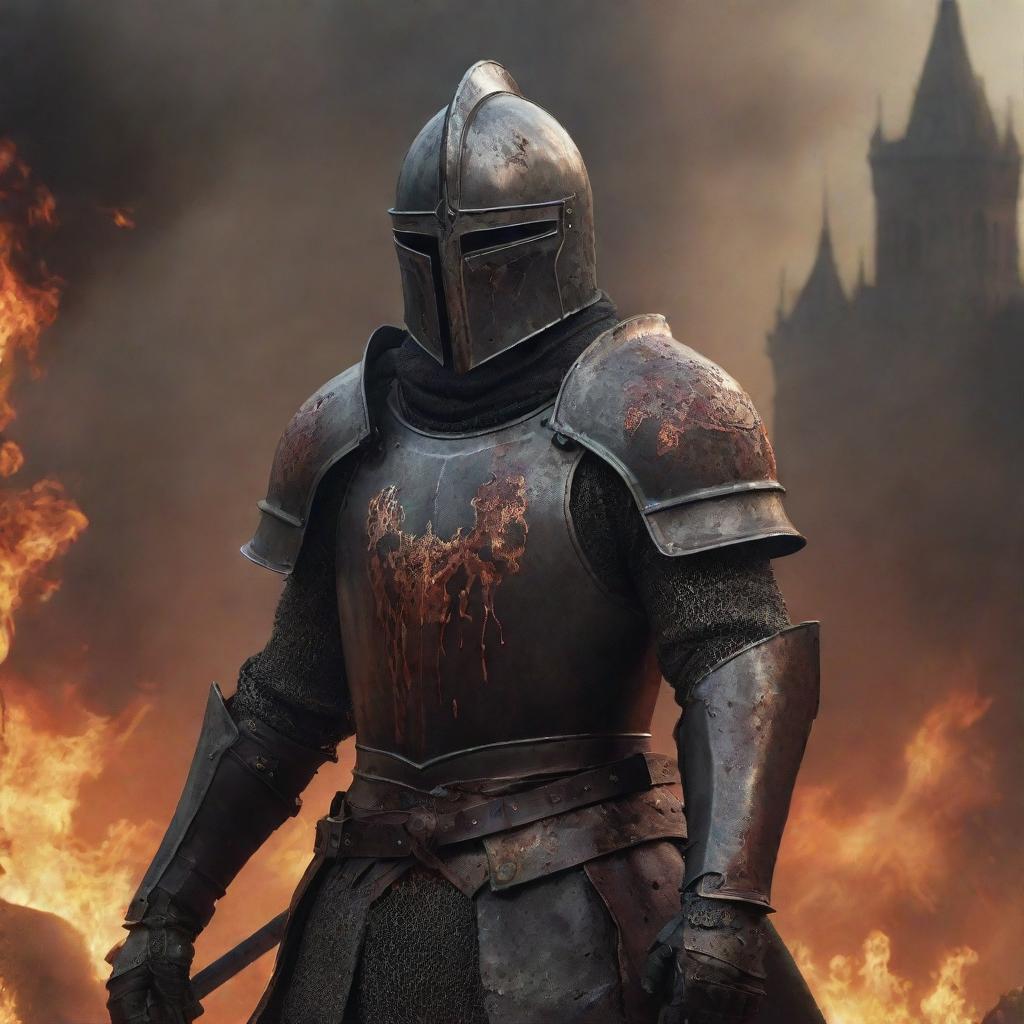 A resolute Elden Ring knight, in a blood-smeared iron helmet, gripping a sword, amidst a battlefield. Behind him, a city engulfed in raging flames.