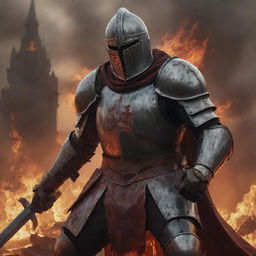 A resolute Elden Ring knight, in a blood-smeared iron helmet, gripping a sword, amidst a battlefield. Behind him, a city engulfed in raging flames.