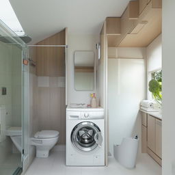 Compact modern bathroom, 5.4 square meters, featuring a shower, toilet seat, washing machine, sink, and partition between the shower and toilet.