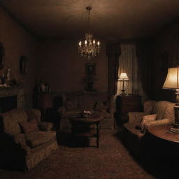 A room brimming with comfort, characterized by plush furniture and warm lighting yet tinged with elements of horror such as eerie shadows and unsettling decor.