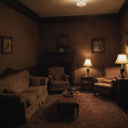 A room brimming with comfort, characterized by plush furniture and warm lighting yet tinged with elements of horror such as eerie shadows and unsettling decor.