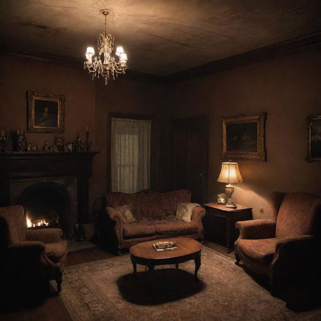 A room brimming with comfort, characterized by plush furniture and warm lighting yet tinged with elements of horror such as eerie shadows and unsettling decor.