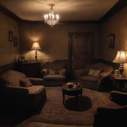 A room brimming with comfort, characterized by plush furniture and warm lighting yet tinged with elements of horror such as eerie shadows and unsettling decor.