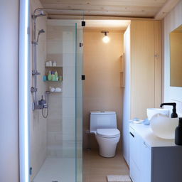 Compact modern bathroom, 5.4 square meters, featuring a shower, toilet seat, washing machine, sink, and partition between the shower and toilet.