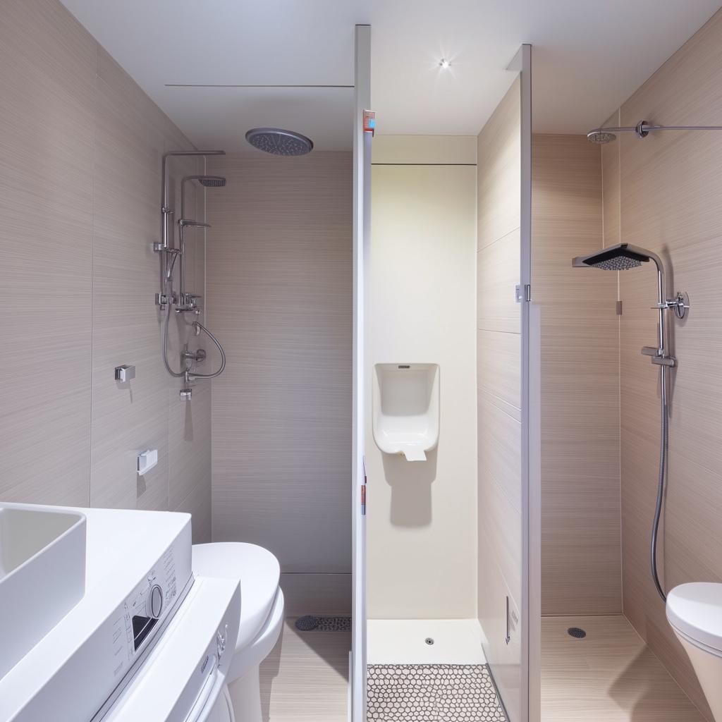 Compact modern bathroom, 5.4 square meters, featuring a shower, toilet seat, washing machine, sink, and partition between the shower and toilet.