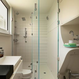 Compact modern bathroom, 5.4 square meters, featuring a shower, toilet seat, washing machine, sink, and partition between the shower and toilet.