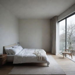 An emptily stark, yet comfortable bedroom. The decor subtly conveys feelings of lonesomeness and solitude.