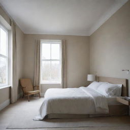 An emptily stark, yet comfortable bedroom. The decor subtly conveys feelings of lonesomeness and solitude.