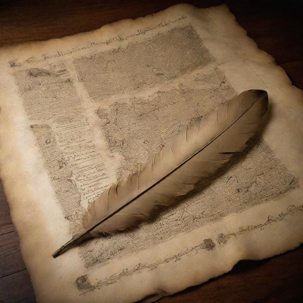 An antique parchment illuminated with inscriptions of historical events. A feather quill, an ancient map, and a scroll add to the scene, reminiscent of historic academia.