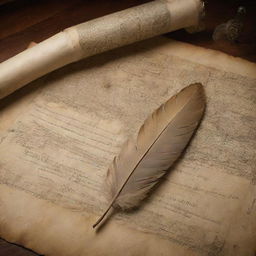 An antique parchment illuminated with inscriptions of historical events. A feather quill, an ancient map, and a scroll add to the scene, reminiscent of historic academia.